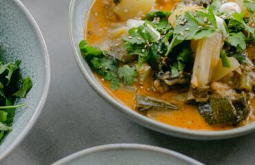 Dieta Vata – imagen destacada Comida tibia con arroz, vegetales cocidos y hierbas para dieta Vata