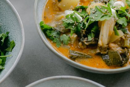Dieta Vata – imagen destacada Comida tibia con arroz, vegetales cocidos y hierbas para dieta Vata