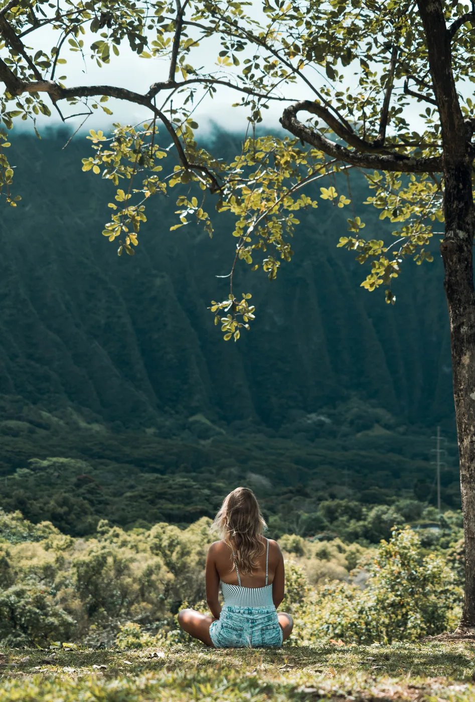 Persona sentada en silencio en la naturaleza practicando atención y respiración