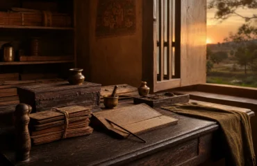 Ayurveda espiritual y preservación del conocimiento Manuscritos y materiales de estudio ayurvédico iluminados por la luz del ocaso