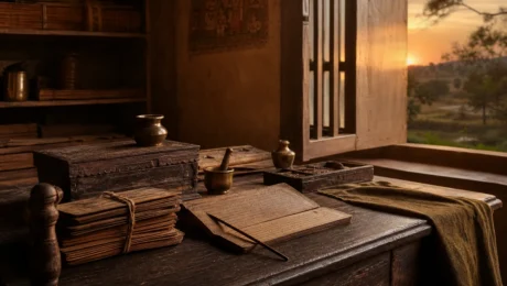 Ayurveda espiritual y preservación del conocimiento Manuscritos y materiales de estudio ayurvédico iluminados por la luz del ocaso