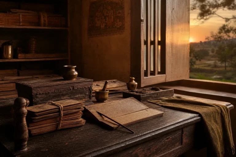 Manuscritos y materiales de estudio ayurvédico iluminados por la luz del ocaso