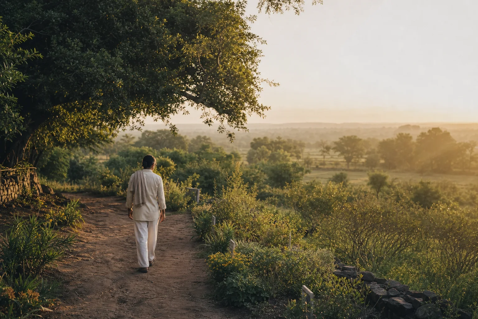 Persona caminando en un entorno natural al amanecer como imagen de propósito y relación con la vida