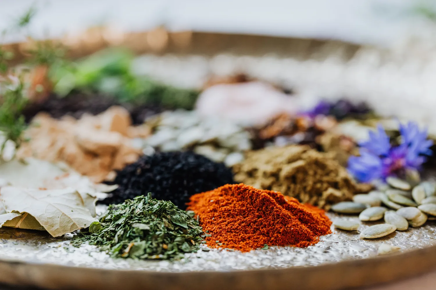 Hierbas, semillas y especias de diferentes colores y texturas como ejemplo de cualidades en Ayurveda