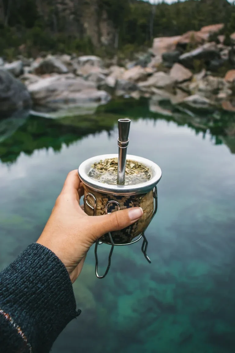 Mate con bombilla sostenido frente a un paisaje natural