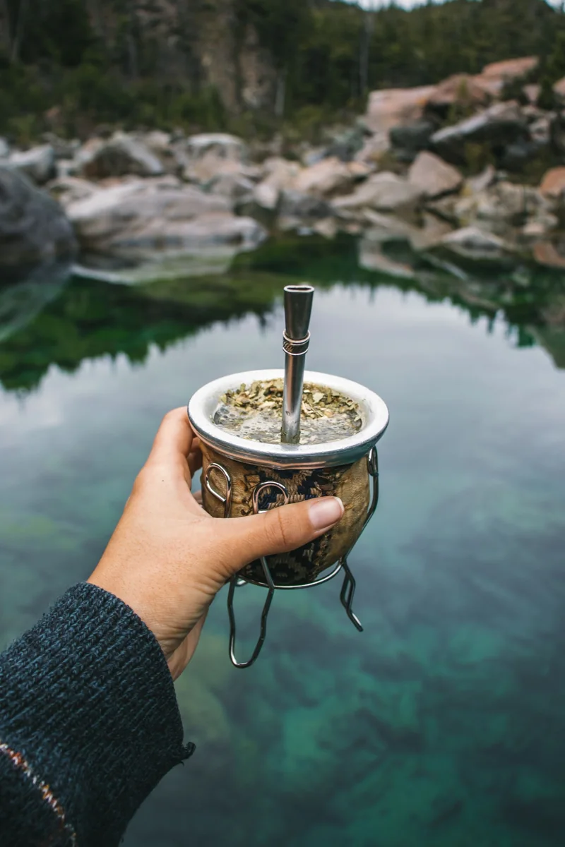 Mate con bombilla sostenido frente a un paisaje natural