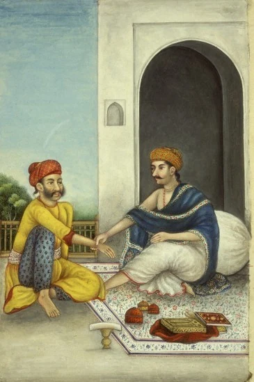 Médico indio tomando el pulso de un paciente en una acuarela de Delhi de 1825