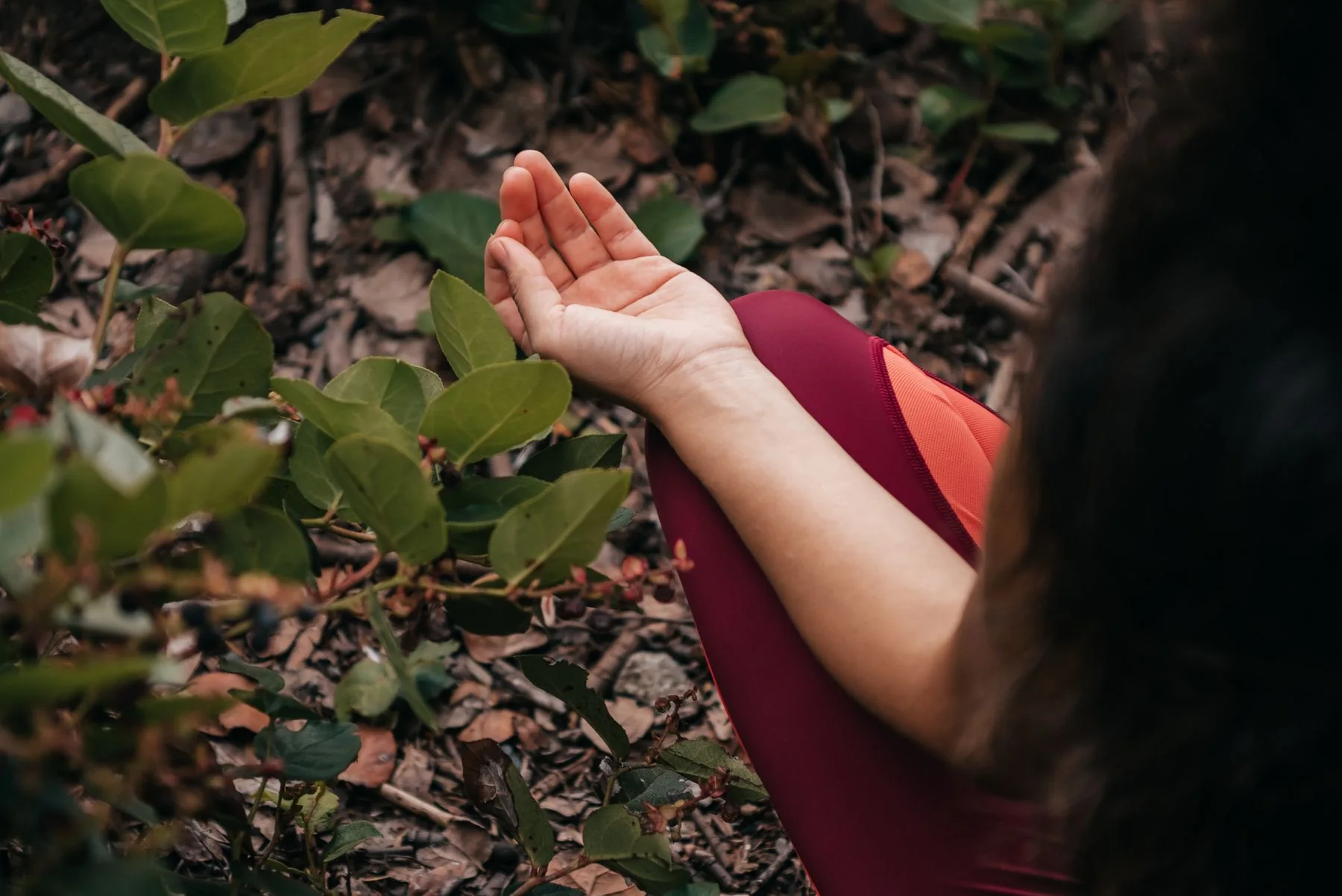 Persona meditando entre hojas verdes durante una práctica suave de respiración