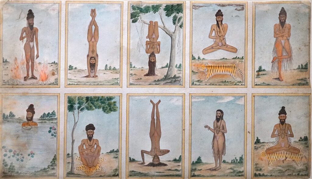 Postures de Yoga Inde, Tamil Nadu ou Andhra Pradesh Vers 1820 Gouache sur papier Acquisition Londres, British Museum www.britishmuseum.org/collection/object/A_2007-3005-4 Description (notice traduite du British Museum) Peinture à la gouache sur papier issue d'un portfolio de soixante-trois tableaux de divinités et de la vie quotidienne. Dix vignettes d'ascètes Shiva effectuant la pénitence en deux rangées de cinq. Rangée 1 a) Un ascète debout nu mais pendant une minute en pagne, exécutant des "panchagni tapas", c'est-à-dire la «pénitence des cinq feux» debout au soleil, entouré de quatre feux. b) Un ascète se tient sur ses mains, ses yeux fermés dans une profonde méditation. Ses genoux sont légèrement fléchis et ses pieds croisés. c) Un ascète est suspendu la tête en bas à une branche d'arbre. d) Un ascète flotte dans les airs, ses jambes en "padmasana". Ses yeux sont fermés; avec une main sur le nez, il contrôle sa respiration. Au sol se trouve la peau de tigre sur laquelle il était assis avant de léviter dans les airs. e) Un ascète se tient sur sa jambe gauche, tandis que sa jambe droite est fléchie au-dessus de son genou gauche. Rangée 2 f) Un ascète plongé jusqu'au cou dans l'eau d'un lac où poussent des grappes de lotus. g) Un ascète assis en "utkutikasana" sur une peau de tigre placée à l'ombre d'un banian. Un "yogapatta" est enroulé autour de ses genoux et les maintient en position. h) Un ascète se tient sur sa tête. Sa main gauche est posée au sol pour garder son équilibre. i) Un ascète se tient debout, les paumes de ses mains tournées vers le haut. Un "yajnopavita" (fil sacré) est représenté sur sa poitrine. j) Un ascète assis en "padmasana" sur une peau de tigre. Ses mains sont en "anjali mudra", ses yeux sont fermés. L'arrière-plan de ces dix scènes est un paysage rural entouré d'arbres et de rochers et de nuages occasionnels dans le ciel. Oeuvre présentée dans l'exposition : "Médecines d’Asie, l’art de l’équilibre". Musée national des arts asiatiques - Guimet, Paris Conçue comme une expérience originale, un voyage introspectif entre corps et surnaturel, Médecines d’Asie est la première exposition majeure consacrée en France aux trois grandes traditions médicales asiatiques : indienne, chinoise et tibétaine. À travers un parcours scénographique par-delà les frontières et le temps, l’exposition transporte le visiteur dans un univers où se rencontrent pratiques médicales millénaires et œuvres d’art exceptionnelles, évoquant la méditation et le chamanisme, l’équilibre des énergies et la pharmacopée, le massage et l’acupuncture, l’astrologie et l’exorcisme... www.guimet.fr/event/medecines-d-asie-lart-de-lequilibre/