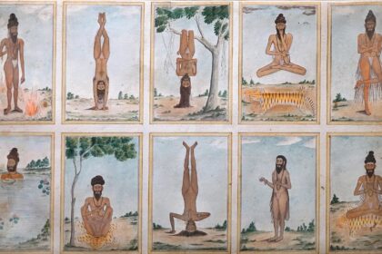 Postures de Yoga Inde, Tamil Nadu ou Andhra Pradesh Vers 1820 Gouache sur papier Acquisition Londres, British Museum www.britishmuseum.org/collection/object/A_2007-3005-4 Description (notice traduite du British Museum) Peinture à la gouache sur papier issue d'un portfolio de soixante-trois tableaux de divinités et de la vie quotidienne. Dix vignettes d'ascètes Shiva effectuant la pénitence en deux rangées de cinq. Rangée 1 a) Un ascète debout nu mais pendant une minute en pagne, exécutant des 