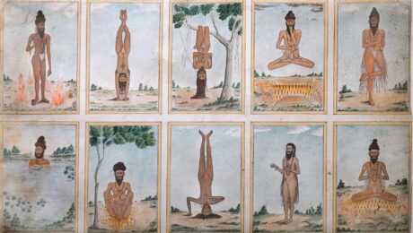 Postures de Yoga Inde, Tamil Nadu ou Andhra Pradesh Vers 1820 Gouache sur papier Acquisition Londres, British Museum www.britishmuseum.org/collection/object/A_2007-3005-4 Description (notice traduite du British Museum) Peinture à la gouache sur papier issue d'un portfolio de soixante-trois tableaux de divinités et de la vie quotidienne. Dix vignettes d'ascètes Shiva effectuant la pénitence en deux rangées de cinq. Rangée 1 a) Un ascète debout nu mais pendant une minute en pagne, exécutant des 
