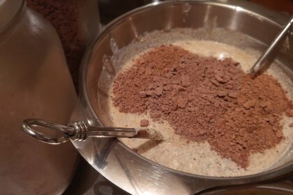Homemade Yogurt in a stainless steel bowl for family sharing mixed with Cacao mass flakes and powdered fruit mix. The cacao mass was previously liquid before processed into flakes.