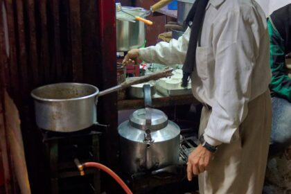 Chai ayurvédico casero con especias Masala chai vendor, Old Delhi
