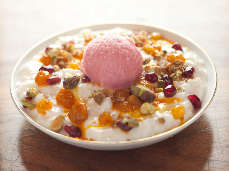 "Jeweled Rice Pudding with Saffron Infused Sultanas and Citrus Sherbert" (Image: La Bete via Facebook)