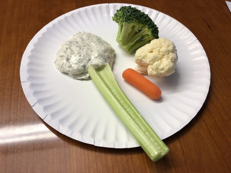 A paper plate holding a celery stick, a piece of broccoli, a piece of cauliflower, a baby carrot and some dipping sauce in the Dulles section of Sterling, Loudoun County, Virginia
