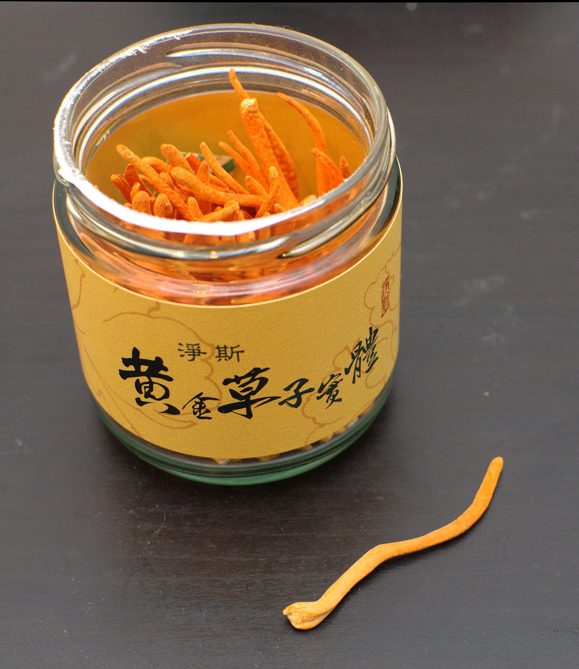 Fotografía de Cordyceps militaris seco en frasco